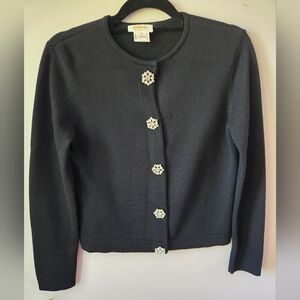 Talbots Black 100% Merino Wool Cardigan with Rhinestone Crystal Buttons - S